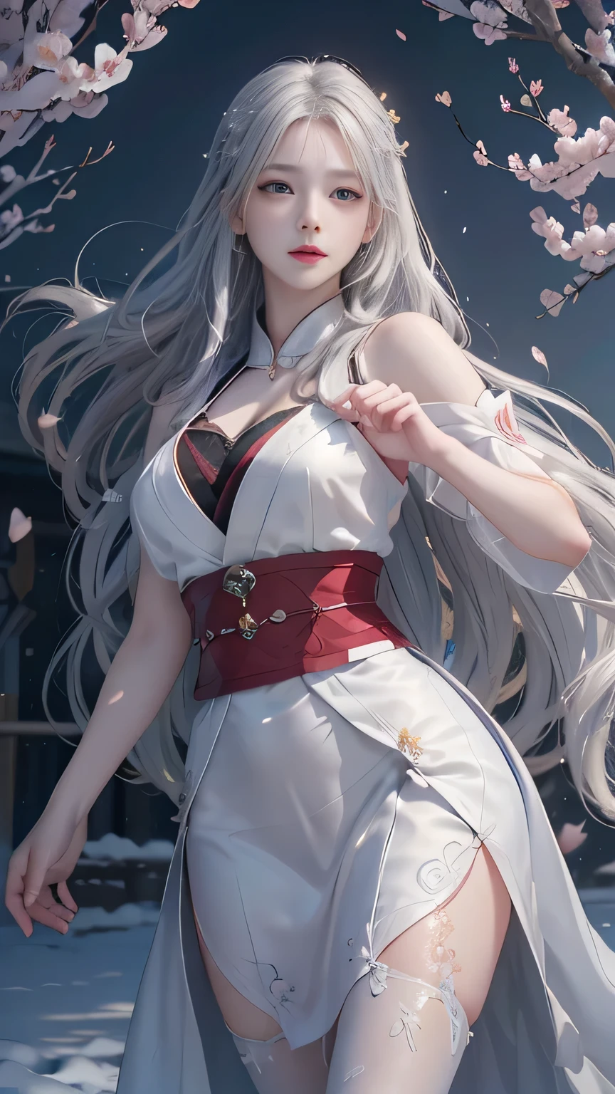 ((logo, masterpiece, 8k, table top, RAW photo, wonderful, 最high quality, Photorealistic and hvery detailed CG integrated 8k wallpaper, high quality, very detailed, Narrative poem, particle effects, dynamic effects, Depth of written boundary, cinematic light, Lens flare, ray tracing, anatomically accurate)), fantasy, 1 beautiful woman, ((white hair)), clear eyes, long hair, beautiful face, real face, Dense and beautiful eyes, beautiful skin, ((dancing woman, gracefully dancing woman, dancing woman in the snowy landscape, violently dancing woman)), ((long hairがWindでなびく, long hairが跳ねる, long hairがWindで踊る)), hair jump, jewelry, beautiful eyes, white kimono, white obi, embroidery pattern of white cherry blossoms, silver earrings, Light is shining, ((cherry blossoms, cherry blossomsの木, cherry blossomsの花びらが舞う, cherry blossoms吹雪, falling petals)), blue sky and white clouds background, Vast wind scenery, Wind, grassland, Vast land in mythology, Spectacular view, Beautiful natural wind scenery, hair color is white, cherry blossomsの花びらが舞う, cherry blossomsの木
