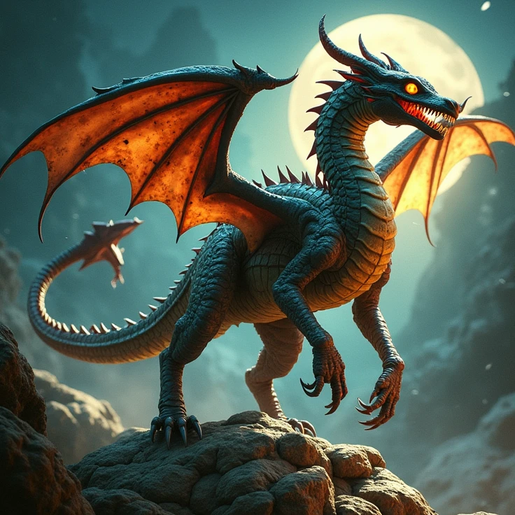 (A European dragon with 2 wings standing on a rocky ledge ), solo, lava waterfall, dust cloud red sun, BREAK, mystical creature, realistic, ultra detailed, dynamic pose, moonlit night, detailed mountain wasteland background, rocks in the foreground