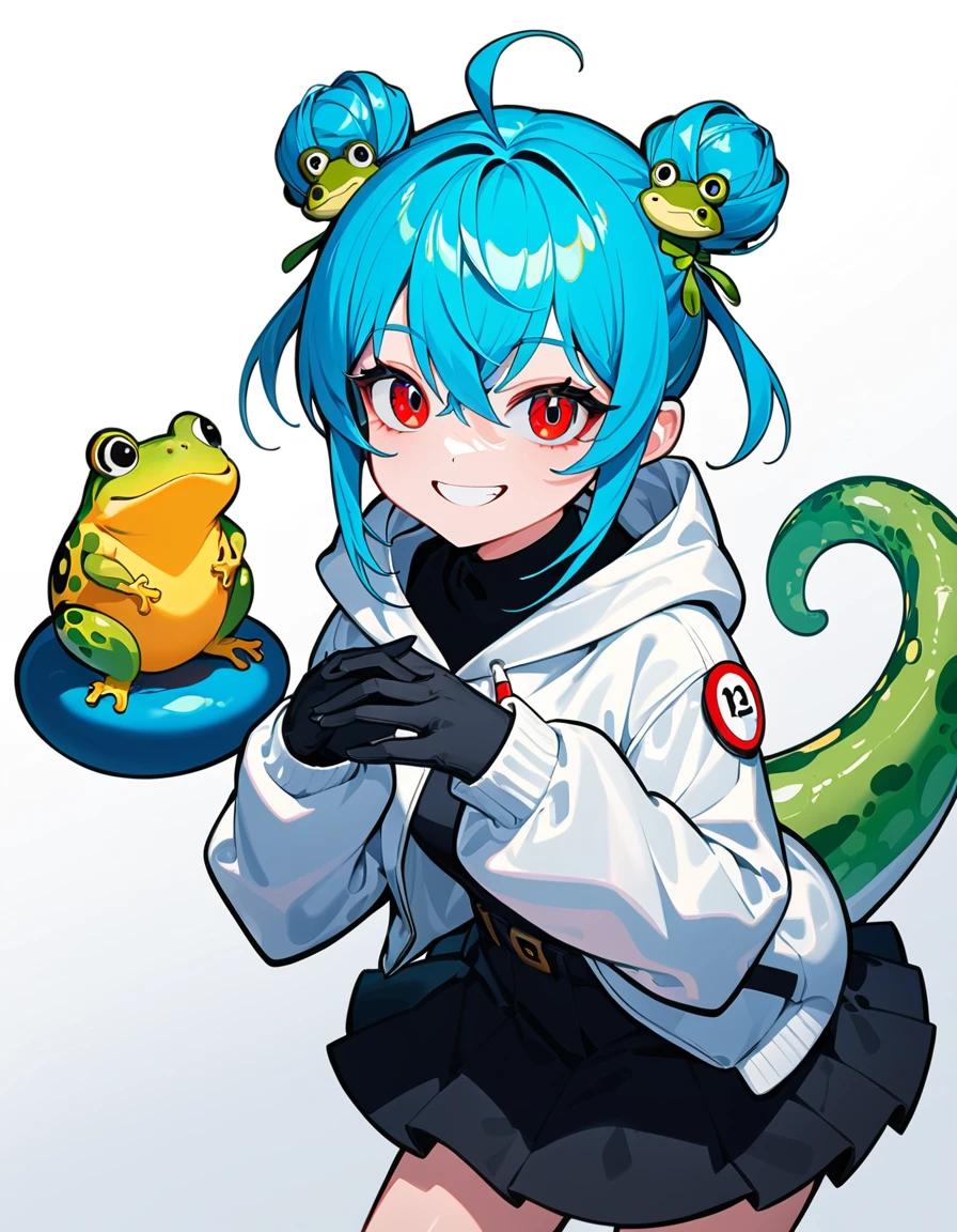 detailed,ultra-detailed,masterpiece,newest,absurdres,safe,best quality,(dramatic angle:1.3),(dynamic angle:1.3), Cinematic Lighting,Illustration,Volumetric Lighting,, 1girl, static pose, blue hair, double bun, monster girl, ahoge, white background, open mouth, gloves, red eyes, solo, simple background, hood, tentacles, extra eyes, black gloves, hair ornament, smile, frog, looking at viewer, jacket, black skirt, black eyes, long sleeves, skirt, frog hair ornament, hair between eyes, holding, hoodie,a digital drawing in an anime style, featuring a young woman with a playful expression, she has large, expressive red eyes and long, blue hair styled in a voluminous updo with a few strands framing her face, her skin is fair, and she wears a yellow and white jacket with black accents, which is open at the chest, revealing a white shirt underneath, her jacket has a high collar and long sleeves, with black laces running down the front, she is holding a small, green frog with a mischievous grin, perched on her shoulder, the frog's body is covered in black fur, and its tail is long and thin, with a black tip, the background is plain white, ensuring that the focus remains on the character, the drawing is executed with smooth, clean lines and vibrant colors, typical of modern digital art, the overall mood of playful and whimsical, with the character's playful demeanor and the frog adding a touch of whimsy
