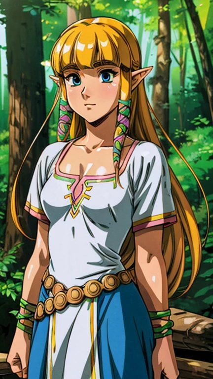 (s:1girl: princess zelda), (extremely detailed CG unit 8k wallpaper),(master part), (best quality), (ultra detail), (best illustration),(GHIBLI_Background), cowboy shot, (Sharp eyeliner, ombre, detailed eyes:1), forest, outdoor, ,break , (Urushihara Satoshi Style), upper body, sksw, white dress, hair tubes, hair ribbon,