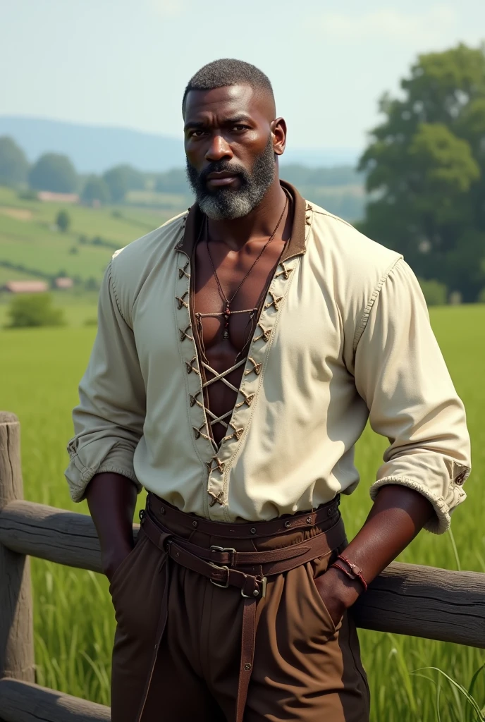 A hairless man in a grey shirt and a brown belt stands in front of a building, Lance Reddick, inspired by Oluf Høst, inspired by Rajmund Kanelba, 8k film still, Film still 8 k, Still from a live-action film, with square jaw in medieval clothing, blue clothes( ( dark skin ) )