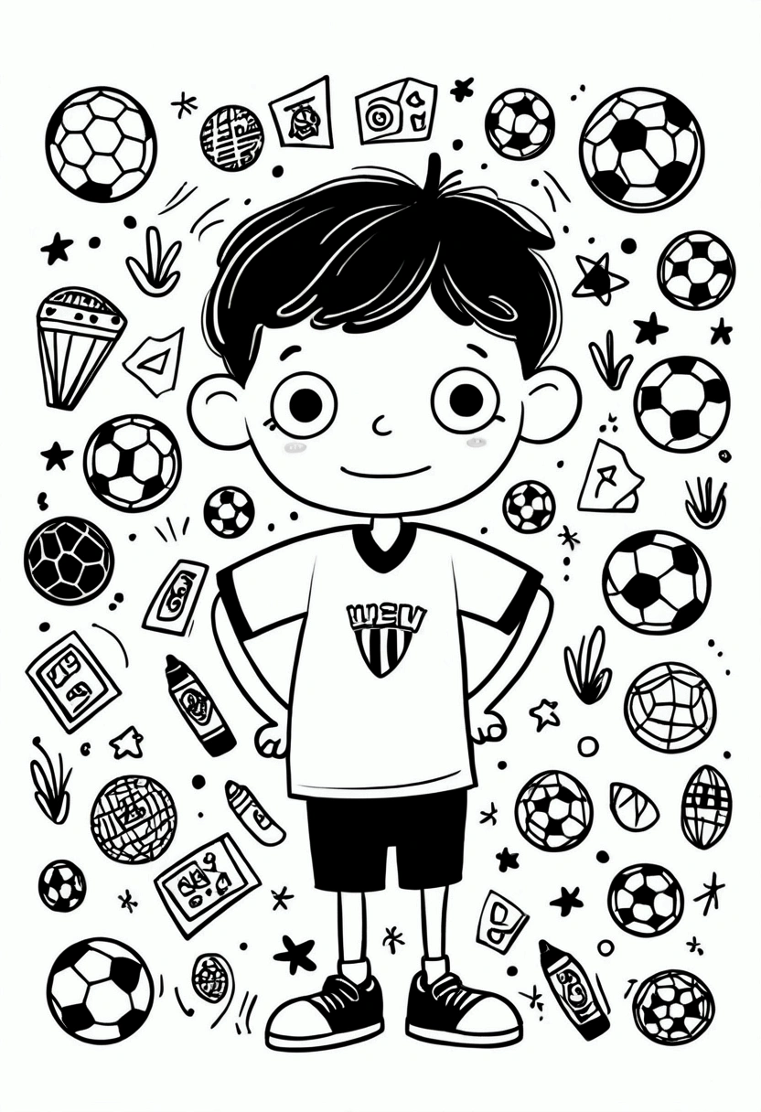 Gemma Correll style。Childish graffiti with markers. The pen Outlines the outline. Stick figure, cartoon cute football boy. Football. A look of surprise. Cartoon illustration.