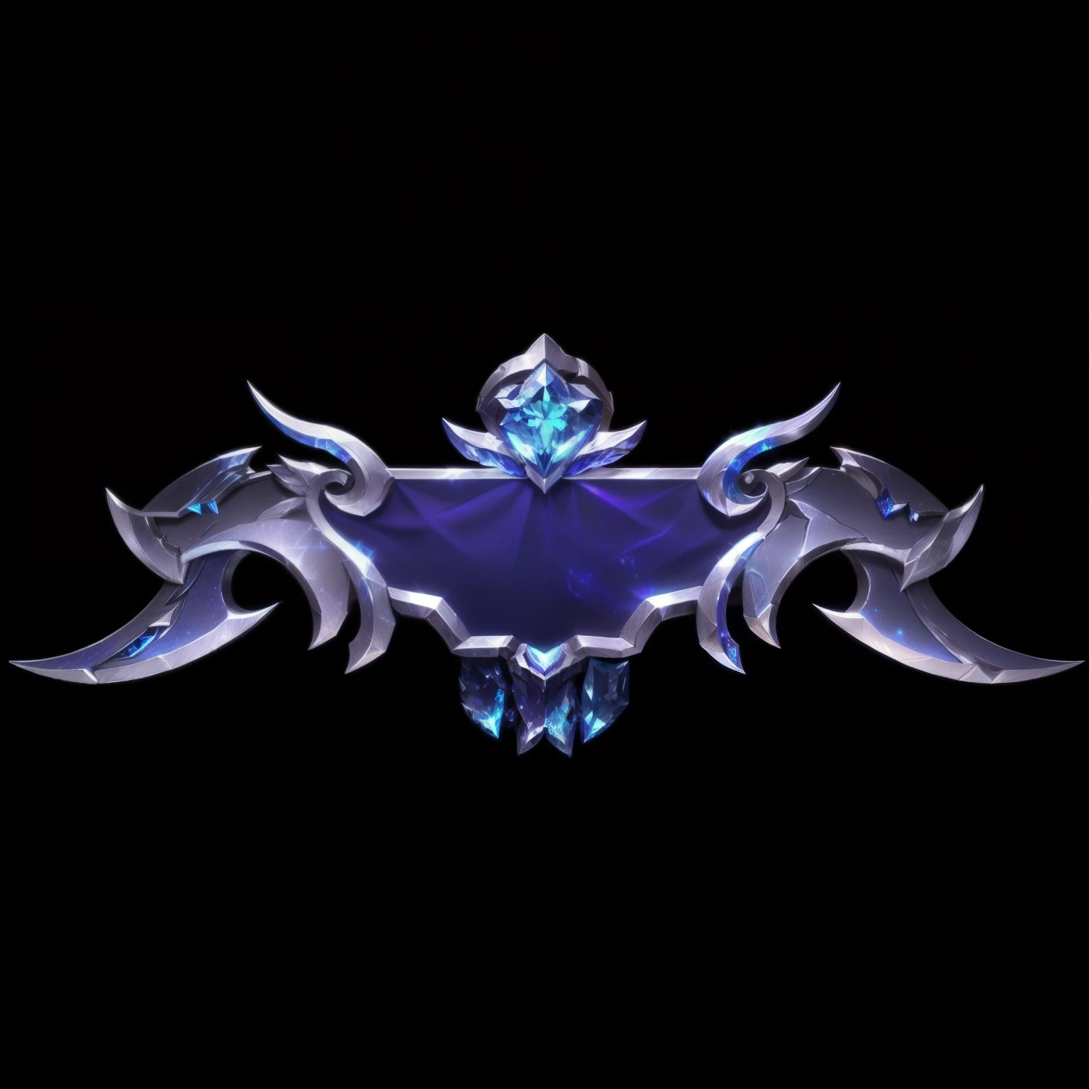 Close up of blue fabric with gemstones and silver wings on a black background，Gorgeous metal frame wrap，Metal material，Metallic luster ，Game Icon，League of Legends Inventory Items， Game Icon风格化， League of Legends style，