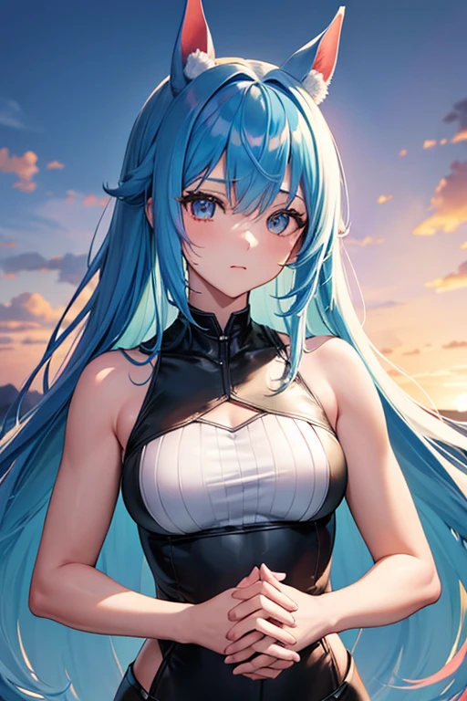 Pretty female, windblow blue hair, glowing black eyes, realistic, masterpiece, white skin, little smile, beach background, 4k, high detailed, high detailed light