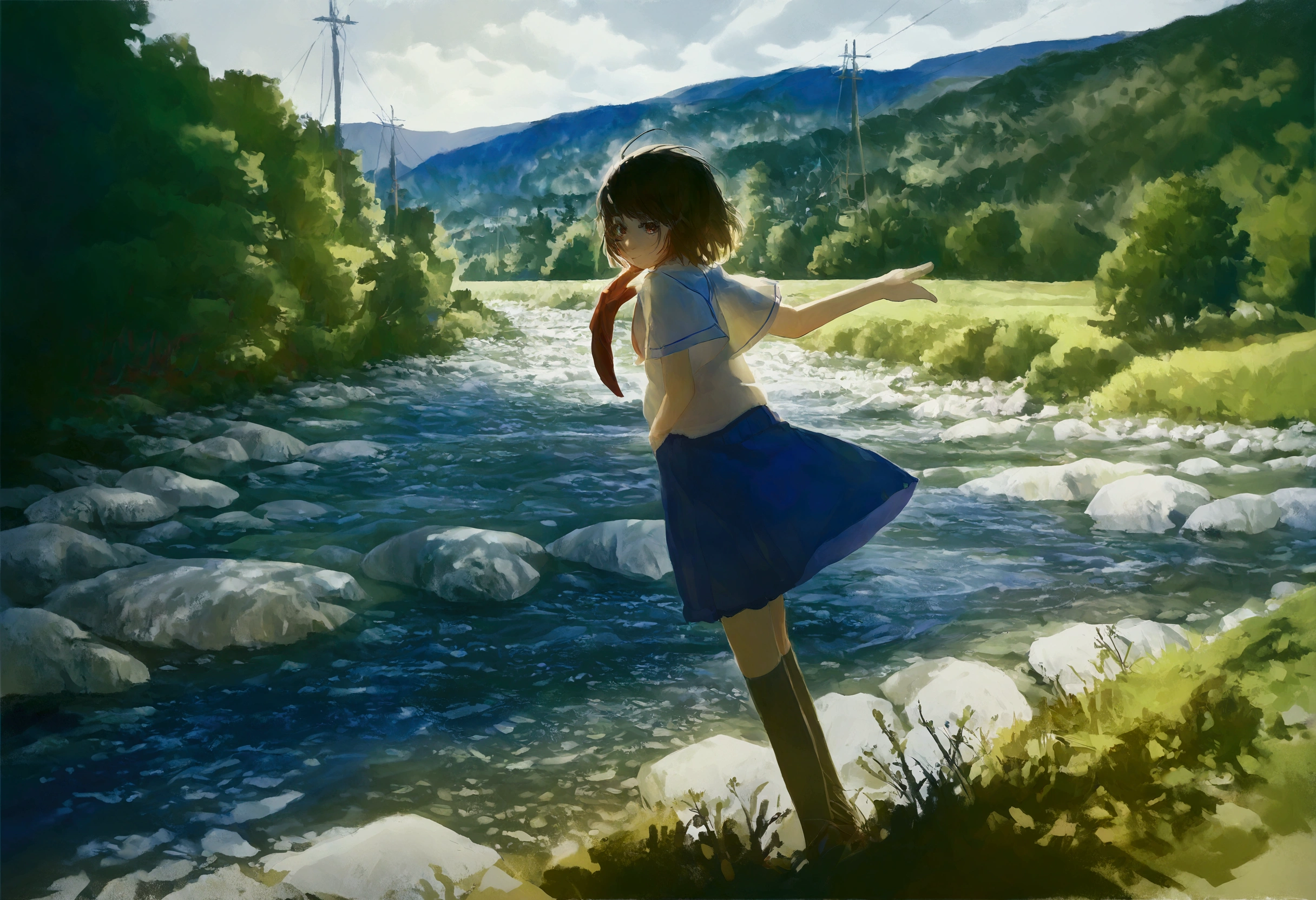 score_9, score_8_up, score_7_up, score_6_up, score_5_up, 1girl standing by a river, Highly detailed, Ultra HD, High resolution, 8k, Wide angle shot, fisheye perspective, cool colors, use of color theory, amazing art, masterpiece, best quality, high detail, style of makoto shinkai, by makoto shinkai, by Makoto Shinkai, trending on art-station, trending on art, 4K resolution, perfect lighting, perfect colors, perfect perspective, balanced composition, High quality, cinematic, dramatic, dynamic, intricate, detailed, by makoto shinkai,
