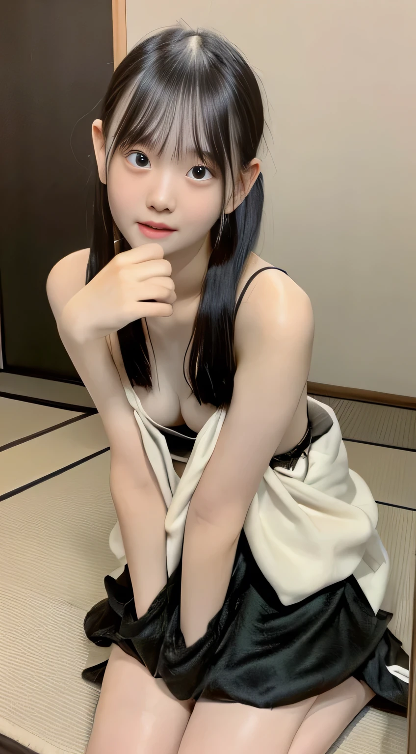 Photo quality,Masterpiece,Realistic,(Japanese women, cute Japanese girl:1.9),(Messy clothes and hair,young,Detailed young face,whole body:1.9),(Very embarrassed look:1.9),(Thin legs,whole body:1.9),((Game character costumes:1.9)),(Looking at the camera),((Cute hairstyle:1.9)),((Inner thigh visible:1.9)),((Dkroopy eyes:1.9)),((Body type of a  girl,Small Tits:1.9)),(View from below:1.9),((Skinny Legs)),Very pale skin,Show your forehead,Detailed body,Detailed hands,No makeup