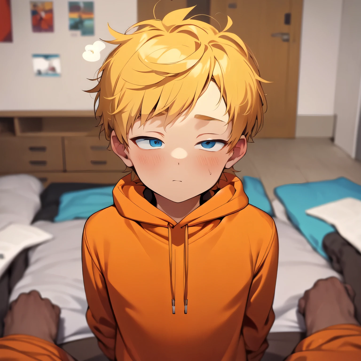 Kenny Mccormick, Shota, cute, dirty messy blonde hair,1boy solo,young boy, child,short, young male, child, (cute face), (perfect hand), (solo:1.0), (blue eyes), (looking at you), blue eyes, (orange hoodie),(wide hips),(flat color), Cute,masterpiece, high quality, (masterpiece, best quality),masterpiece,(long sleeves), face focus, head up, close up, half-closed eyes, pov,kiss