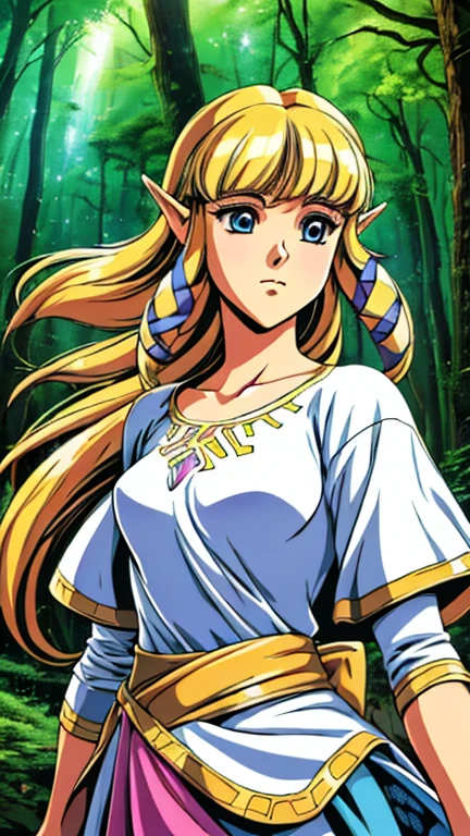 (s:1girl: princess zelda), (extremely detailed CG unit 8k wallpaper),(master part), (best quality), (ultra detail), (best illustration),(GHIBLI_Background), cowboy shot, (Sharp eyeliner, ombre, detailed eyes:1), forest, outdoor, ,break , (urushihara satoshi), upper body, sksw, white dress, hair tubes, hair ribbon,