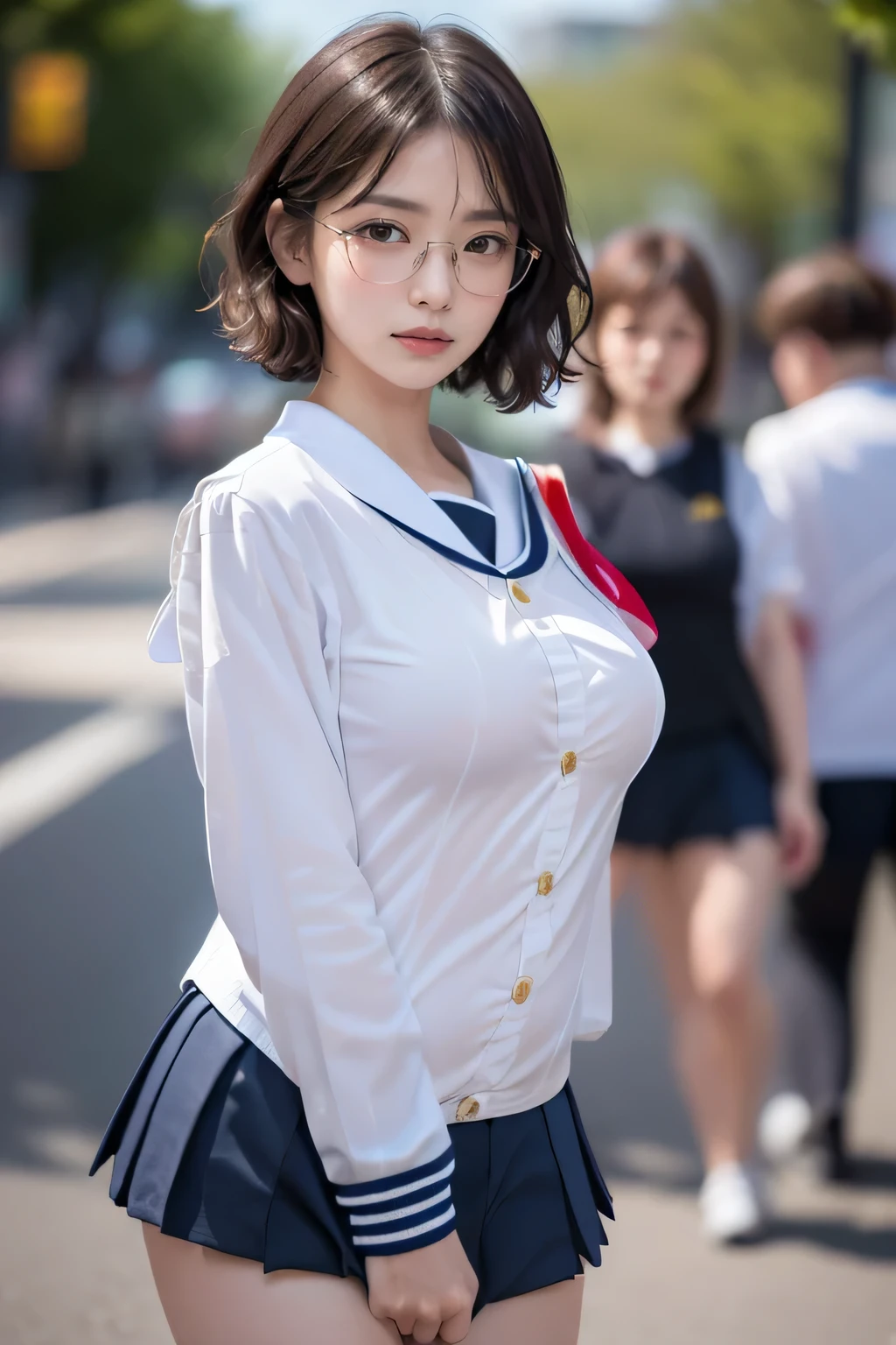 (((1curly Short Hair girl:1.3, alone))), A very pretty Japanese woman wearing glasses, Centered Images:1.3, (sexy model), Professional attire, (2: 1.1), (Attractive random poses:1.3),
break,
(curly Short Hair:1.3), (Shiny black fine hair:1.2), (Wavy messy hair:1.3), (Curl on the inside:1.3), bangs, Wind, Floating Hair, Round droopy eyes,Dark brown eyes, Beautiful Eyes, Princess Eyes, bangs, Hair between the eyes, Short Hair:1.3, Kirby, big ass,Wide ass,Round and soft ass,Abdominal muscles, perfect Abdominal muscles, (Huge breasts:1.5, Saggy breasts:1.5, Disproportionate breasts:1.5), (Narrow waist: 1.15, Abdominal muscles:0.95), (Detailed beautiful girl: 1.4), I parted my lips, Red lips, Full make-up face, (Shiny skin), ((Perfect female body)), (Upper body image:1.3), Perfect Anatomy, perfect balance, (most beautiful Korean actress face:1.3, The face of a very cute and beautiful Japanese actress:1.3, A charming, light smile, (Wearing round glasses:1.3),
break,
((Sailor suit,White shirt,Checkered Skirt,High school girl uniform:1.5)),Black lace underwear, (A strong wind made her skirt flutter.:1.4), ((I can see your underwear:1.5)),
break,
Shopping street background, ((clothes tug,skirt tug,dress tug,shirt tug,sweater tug,Wind,wind lift,))
break,
(Realistic, PhotoRealistic: 1.37), (masterpiece, Best Quality: 1.2), (Ultra-high resolution: 1.2), (RAW Photos: 1.2), (Sharp focus: 1.3), (Ultra-high-definition CG integrated 8K wallpaper: 1.2), (Hyper Sharp focus: 1.5), (Ultra Sharp focus: 1.5), (Beautiful pretty face: 1.3), (Highly detailed background, Detailed Background: 1.3), Ultra Realistic Photo, Hyper-detail image,Korean,Realistic