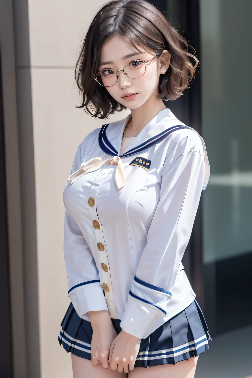 (((sailor suit)))、kind and happy smile、((looks happy:1.3))、panting face、excited look、short hair、glasses、realistic,High resolution,soft light,beautiful slender girl,  blue eyes, elegant and sexy, japanese woman、very big breastasterpiece、highest quality、very detailed、crowd surfing、very realistic face、very realistic eyeasterpiece、highest quality、very detailed、1 girl、crowd,(((Pussy))),(((Lower body naked))),(((on the train))),(((navel))),(((whole body)))