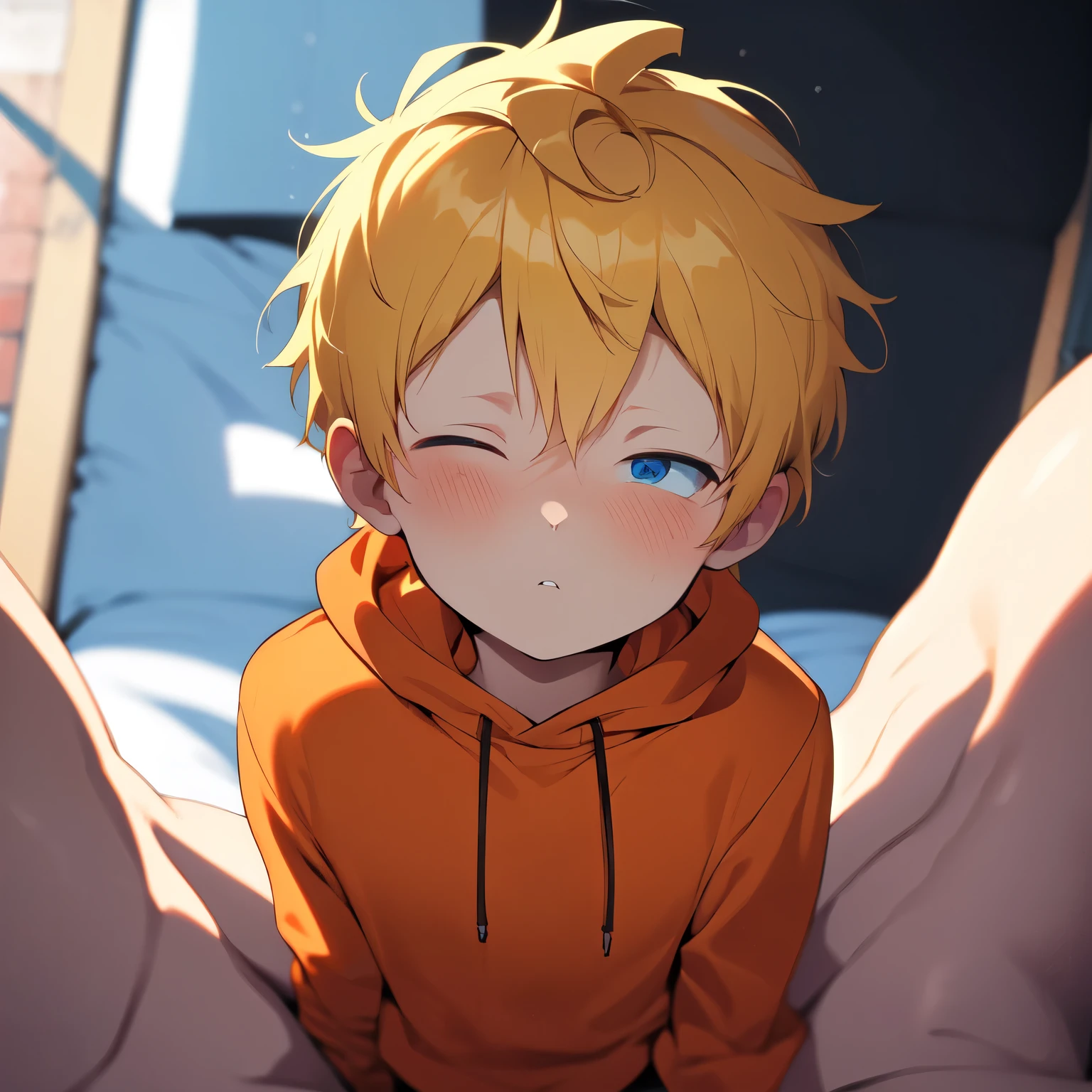 Kenny Mccormick, Shota, cute, dirty messy blonde hair,1boy solo,young boy, child,short, young male, child, (cute face), (perfect hand), (solo:1.0), (blue eyes), (looking at you), blue eyes, headshot, (orange hoodie),(wide hips),(flat color), Cute,masterpiece, high quality, (masterpiece, best quality),masterpiece,(long sleeves), face focus, head up, close up, half-closed eyes, wink, pov,kiss, snowy background