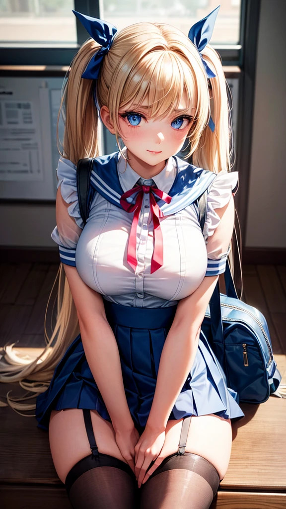 1个Giant Breast Girl，adolable，16 yaers old，ssmile，looking at viewert，sailor uniformm，photore，Hyper Real，Best quality at best，well detailed face，‎Classroom，Fine background，diffuselighting，depth of fields，Background bokeh