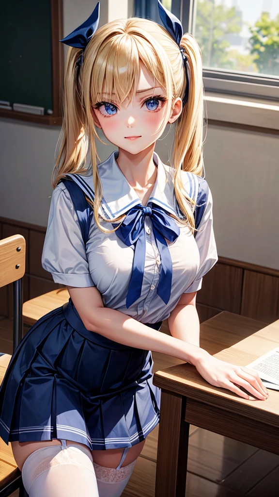 (masterpiece:1.2, top-quality), (realistic, photorealistic:1.4), beautiful illustration, (natural side lighting, movie lighting), nsfw, 
looking at viewer, 1 girl, japanese, high school girl, perfect face, cute and symmetrical face, shiny skin, 
(long hair, small (side ponytail tied with blue ribbon), (blonde hair)), crossed bangs, blue eyes, long eye lasher, (medium breasts), slender, 
beautiful hair, beautiful face, beautiful detailed eyes, beautiful clavicle, beautiful body, beautiful chest, beautiful thigh, beautiful legs, beautiful fingers, 
(YurigaokaUniform), 
(beautiful scenery), morning, (classroom), sitting, (lovely smile, upper eyes, parted lips),