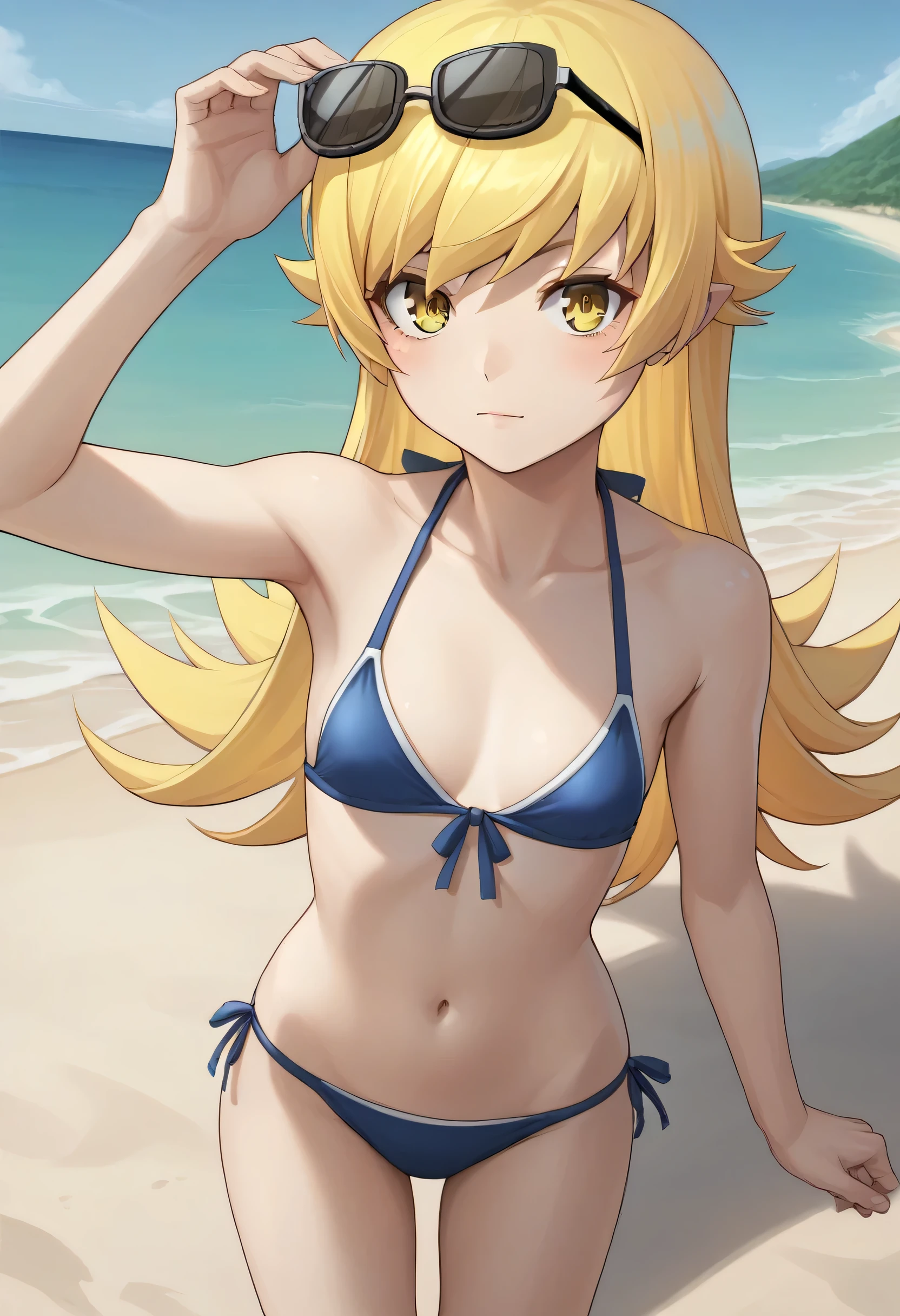 score_9, score_8_up,
BREAK
1girl, (oshino shinobu), blonde hair, long hair, yellow eyes, looking at viewer,Wearing a bikini, beach background,Wearing sunglasses,