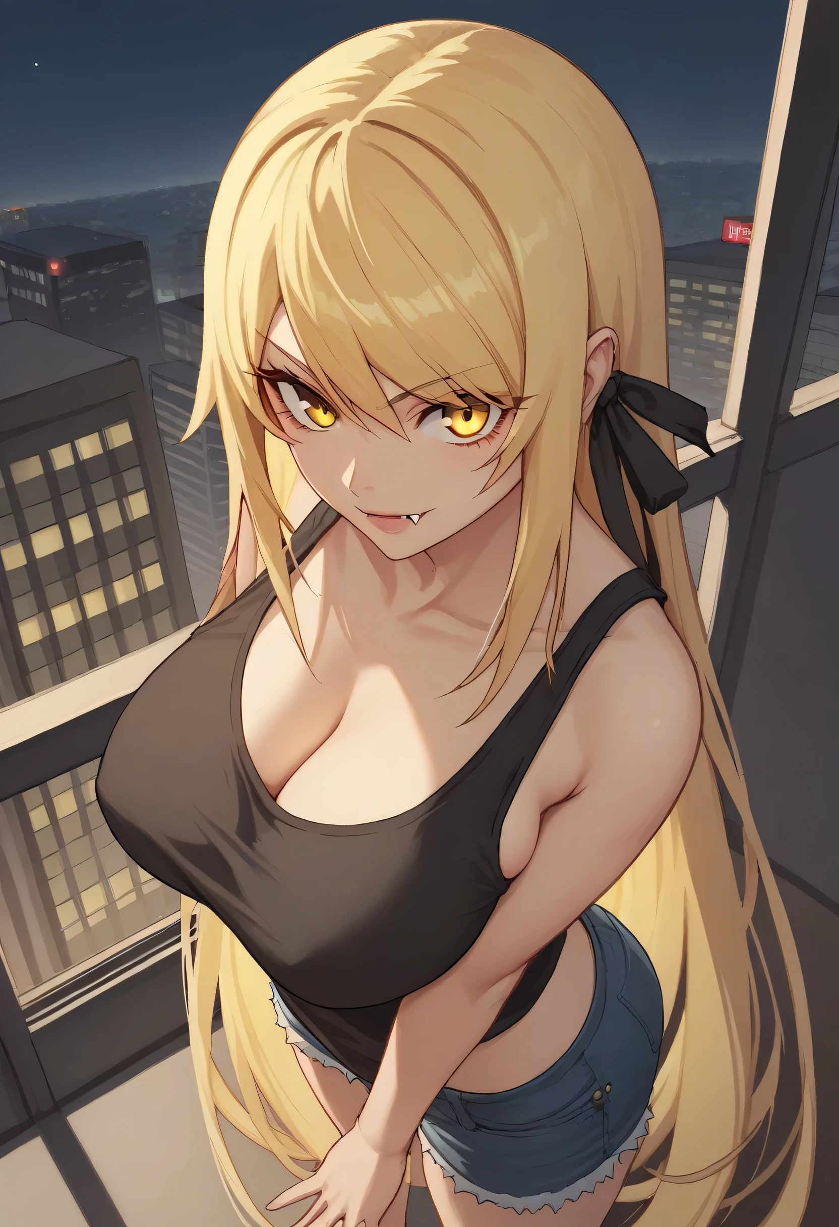 score_9, score_8_up, city, night, solo, standing, high angle view
BREAK
1girl, kiss-shot acerola-orion heart-under-blade, very long hair, blonde hair, hair ribbon, yellow eyes,Wearing a tank top and denim shorts, large breasts, looking at viewer, fang, Sexy pose,
