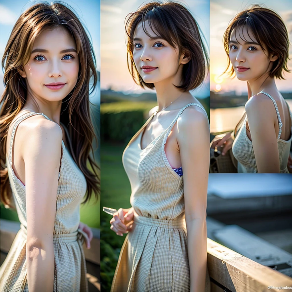 8k,Brown short hair,Very slim body、Japanese actress,Super Beauty(Like the real thing),Wine Party、wine glass、sparkling wine、full-course dinner,Neat and clean dresses,Cocktail Dresses、Big smile,Amazing view of the sunset sky and clouds、,Perfect Anatomy,charm,Volume measurement,Body balance,Digital single-lens reflex camera, Soft lighting, Detailed Background, Written boundary depth, Volumetric lighting, Sharp focus, Absurd, Realistic proportions, Excellent anatomy, (Realistic, 超Realistic:1.4), 16k hdr, dawn,High resolution,super Realistic 肌,super beautiful expression,Fantasy art,Character Art,Wind effects:1.9、Cloud Effect:1.2、Full Rendering、プロ品質のHigh resolution、Perfect contrast、Perfect lighting、Perfect composition、Perfect Skin、Perfect Fingers、Perfect breasts、Perfect Hair、Perfect Face、Realistic facial features,Highest quality,Slim figure,Perfect body line,Perfect hand shape,Anatomical Body Balance,Highly detailed face,Highly detailed eyes,Beautiful Lips,Excellent light particles,Cinema Lighting,compensate,超High resolution,Ultra-Realistic Skin,Dynamic pose,blue eyes,