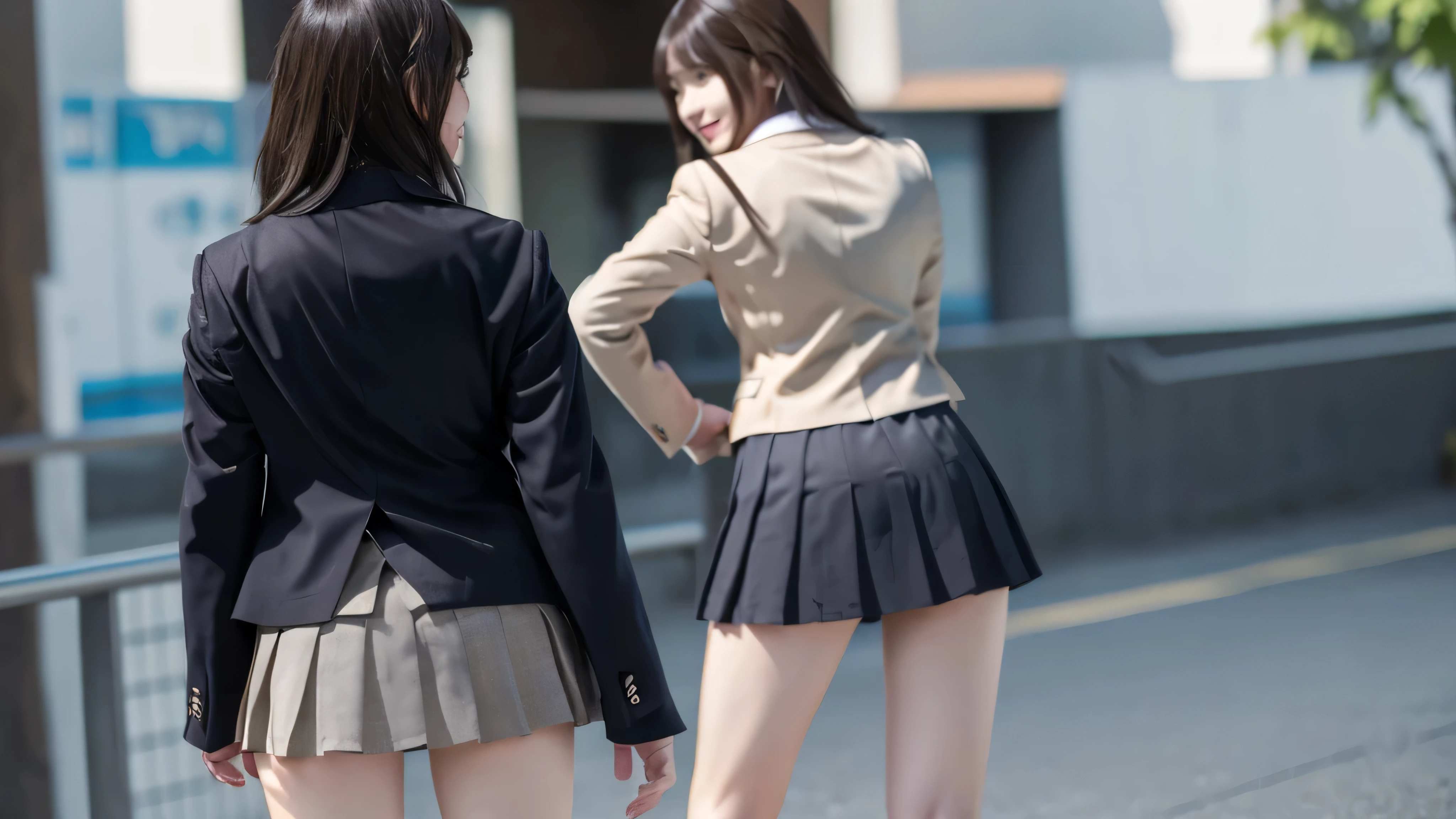 Two Asian women in school uniform posing on stairs、Two Japan schoolgirls are posing、Japan School Uniforms、a hyperrealistic schoolgirl、Japan schoolgirl uniform、a hyperrealistic schoolgirl、High school girl posing、with a Japanese school uniform、seifuku、Realistic schoolgirl、hi-school girl、White panties are visible、rucksack、Sakimi-chan、Wearing a uniform、japanese girl, best quality,masterpiece,ultra high res,(photo realistic:1.4),1girl,smiling eyes,looking at viewer,(ulzzang-6500-v1.1:1.0),, Beautiful Woman,A pretty woman with perfect figure :1.4,Highly detailed face and skin texture, Detailed eyes, Double eyelid,(Best quality, 8k, Masterpiece :1.3), lovely smile, emotional, (gleaming skin, shiny hair:1.4), indoors, nsfw, ((masterpiece)), ((best quality)), (ultra-detailed), highest quality, floating hair, ((an extremely delicate and beautiful)), beautiful detailed, (((realistic))), hyper realistic character,