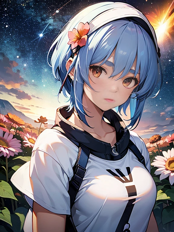 (Best Quality, masterpiece), One girl, Read a book, particle, wind, flower, Upper body simple background, looking at viewer, Light blue hair,Short Hair、Orange sun visor、White T-shirt, nebula, Milky Way