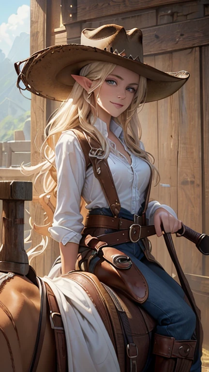 masterpieceThe best quality, High definition CG Unity 8k wallpaper,((Portrait on knees)), (Focus on the face), ((Riding a horse-like creature)), (Long pointy ears), (A revealing western costume: 1.3, cowboy), ((Ten-gallon hat, whip: 1.4)), (Chaps, gun belt), Elegant long wavy platinum blonde hair, (so beautiful１ girl), ((Average Chest Circumference, Self-illuminating skin)), (Wet white skin), (Charming smile), cute, Detailed and beautiful eyes, Perfectly symmetrical face, fine grain, Key Art, Awards, Exquisitely detailed realism HDR, Photorealism, Hyperrealism, Ultra-realistic, Dramatic lighting, Amazing views, Detailed border,