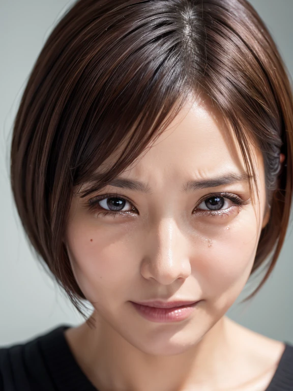  正面を見てrageして睨みつけている, White background, Lift your eyes up, Ultra HD、128ｋ、Masterpiece、One elderly grandmother、 clavicle, RAW Photo、Big-eyed woman in brick-colored clothing、Long face, Professional Lighting、Japanese anime style, Angry, Angry, rage