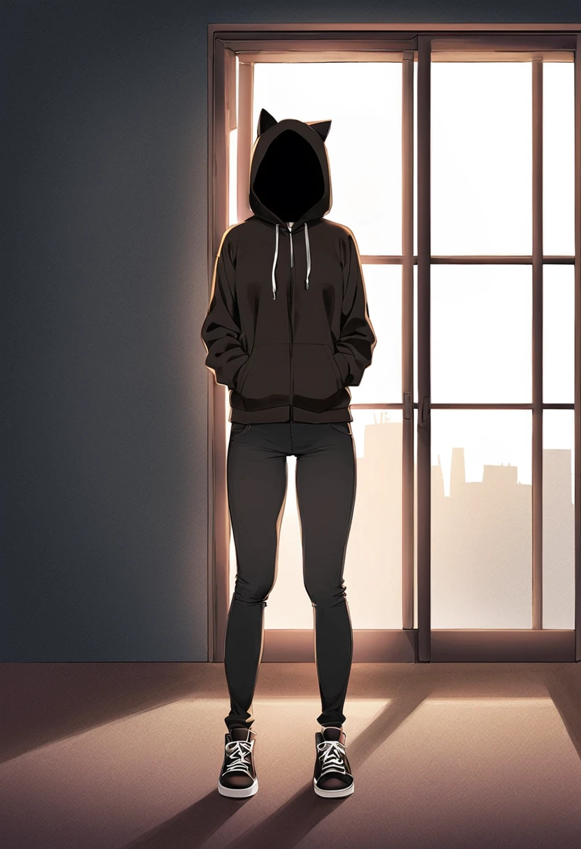 A figure wearing a dark hoodie with cat ears on top, standing in front of a window with sunlight filtering through. The face is completely shadowed or obscured, with no visible features, giving a mysterious and faceless appearance. The hoodie is partially unzipped, and the figure's posture is relaxed with one hand on the hip. The background shows an urban landscape with soft focus on the buildings outside.