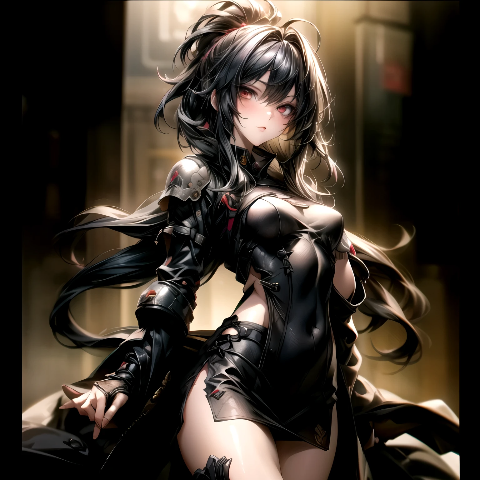 (High Detail:1.2) Anime Girl, (Best quality, Detailed), (dark, gravelly:1.3, dark:1.2), 1girl, (solo), long bob hair, black hair, blue eyes, fair skin, sinister, intense look, background dark, Volumetric light, hyper realistic, super detailed, Dynamic pose, (flat chest), small size, small, red little dress, body view, naked vagina.