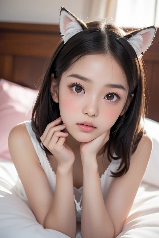 ((Highest quality)), ((masterpiece)), (detailed),nsfw,Perfect Face, she is flat ,10 years old, small girl, slim, Black Bob, ((Narrow eyes)), Japanese, forehead, ((Dimly lit room)), choker, ahegao, looking at viewer, looking up,((single eyelid), close up, kneeling), Pink nipples,(Vulgarity, Obedience,To flatter),Bunny ears