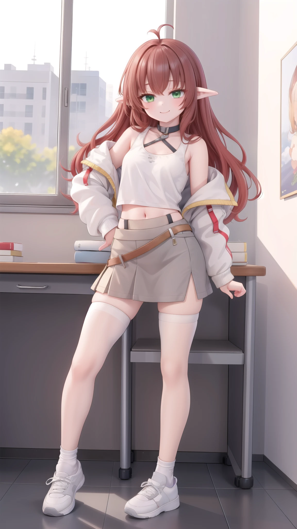 ((masterpiece)),(best quality),official art,extremely detailed CG,unity 8k wallpaper,ultra detailed,1girl,Alone,upper body,(portrait:1.2),long_hair,pointy_ears,ahoge,green_eyes,white_footwear,navel,skirt,shoes,smile,red_hair,midriff,white_jacket,off_shoulder,looking_at_viewer,long_sleeves,tank_top,grey_socks,brown_hair,sleeves_past_wrists,open_clothes,bangs,shirt,classroom，White sweatshirt，White pantyhose