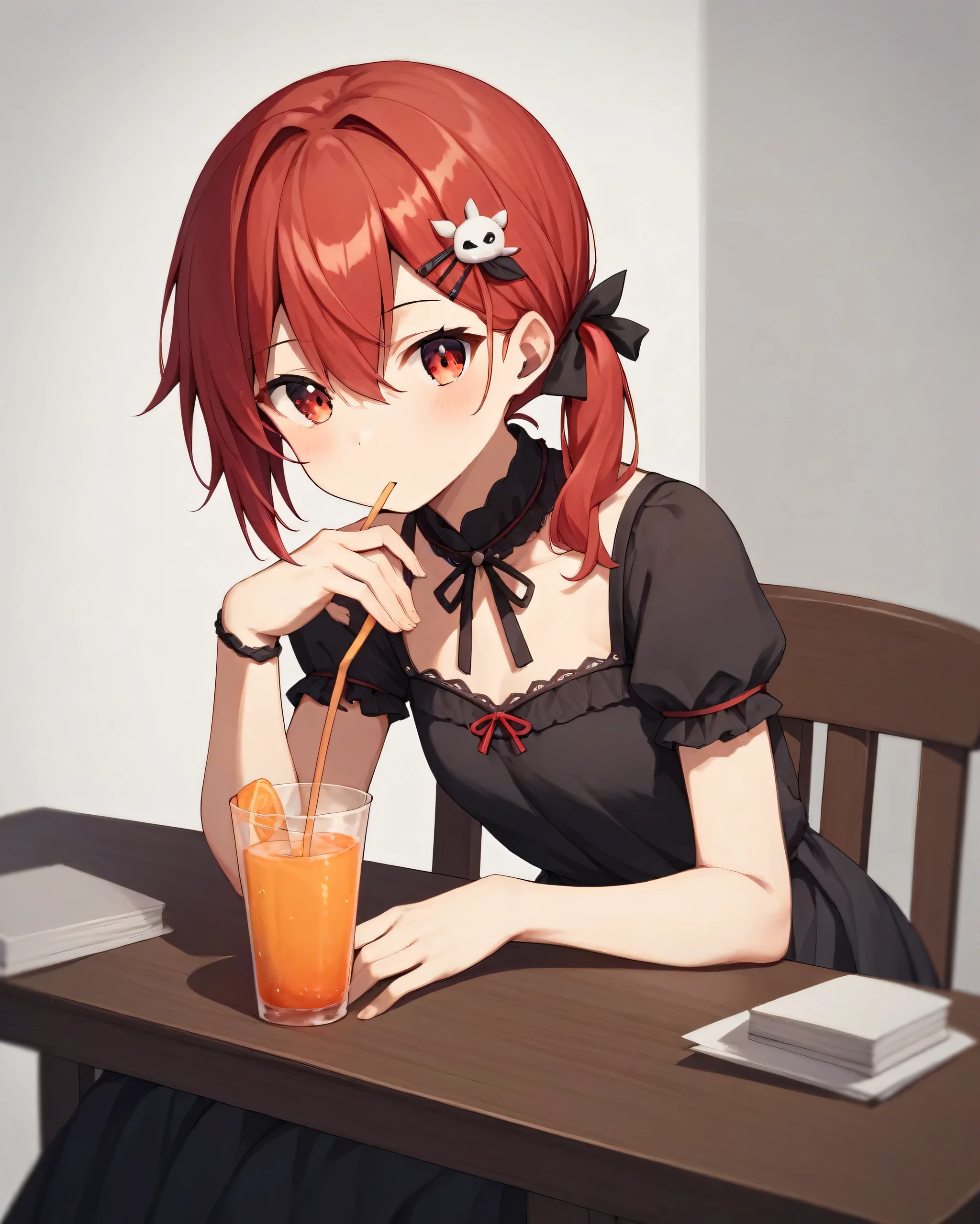 score_9, score_8_up, score_7_up, score_6_up, score_5_up, score_4_up, BREAK source_anime,
1girl, solo, hair ornament,hair ribbon,hair between eyes,red hair,red eyes,short side ponytail, Wearing a black dress, sitting at a table drinking orange juice,