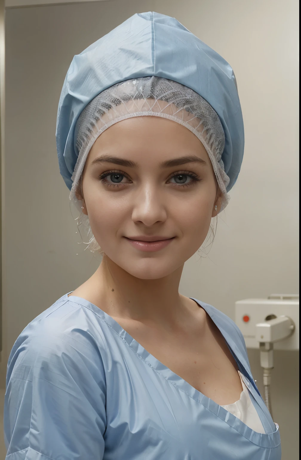 A Realistic Portrait, of a tenager girl, patient 14 years old (Alisa Amore), Beautiful, detailed face, detailed eyes, (realistic skin:1.3), (pale skin:1.1), (textured skin:1.3), ((naked)), big smile, (iphone photograph), (perfect small breasts:1.1), operation room, ((masturbating in hospital bed on teal vinyl drapes), naked), (artificial lighting:1.3), looking at the camera, perfect slim body, amateur Photography, Photorealistic, Detailed, analog, poor quality, grainy, surgery, appendectomy, general anesthesia, young surgical nurse in teal surgical scrubs attending teenager patient, short hair completely covered by surgical tissue cap, surgical bouffant cap