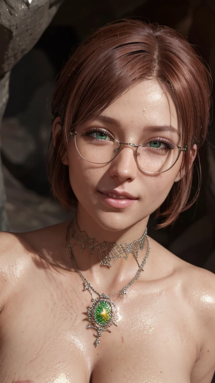 portrait, close-up, upper body. Short, red hair, Green eyes, glasses with metal frames, naked, joyful smile, cheerful girl . (masterpiece, top quality, best quality, official art, beautiful and aesthetically pleasing:1.2), extremely detailed,(fractal art:1.2),Colorful,The most detailed, (dynamic pose), (cave background:1.5), (Lots of treasures:1.4). ((SPLIT. Skin texture, Shiny skin. elegance. photorealism. unreal engine. 3D model. Ultra high quality textures. High detail. permission 8k))