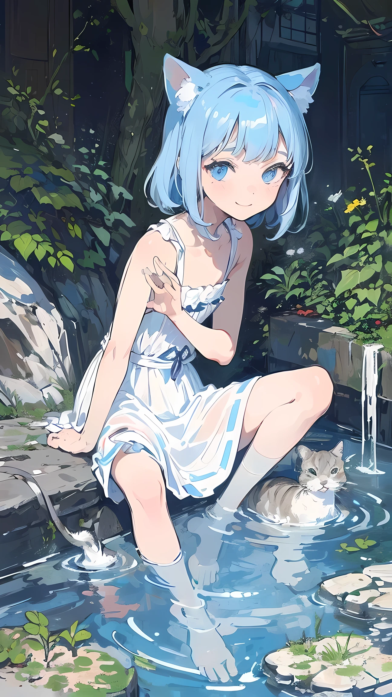 (masterpiece of the highest quality, Official Art:1.2), (Flat Color:1.5),(colorful),Light blue hair、pale blue eyes、Staring at the audience,((A girl and her kittens),, ((Super Smile)),White background floating colorful water,(2D:1.5) 