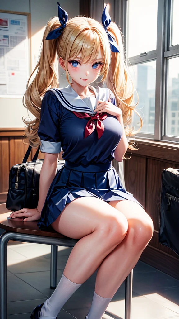 ((highest quality、High resolution、Highly detailed CG Unity 8K wallpaper))、detailed face、perfect body、unparalleled beauty、blonde、beautiful breasts、open your legs、a sexually excited look、((high school girl、school uniform))、skirt、((She shows me her panties and seduces me))