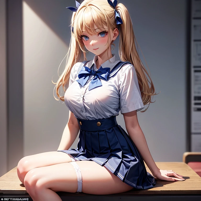 Akizuki Airi from hentai Oni chichi, blonde, twintails, blue eyes, pregnant, shool uniform, mini skirt, shirt, tie, shy, large breast, standing in the hallway, disgruntled look