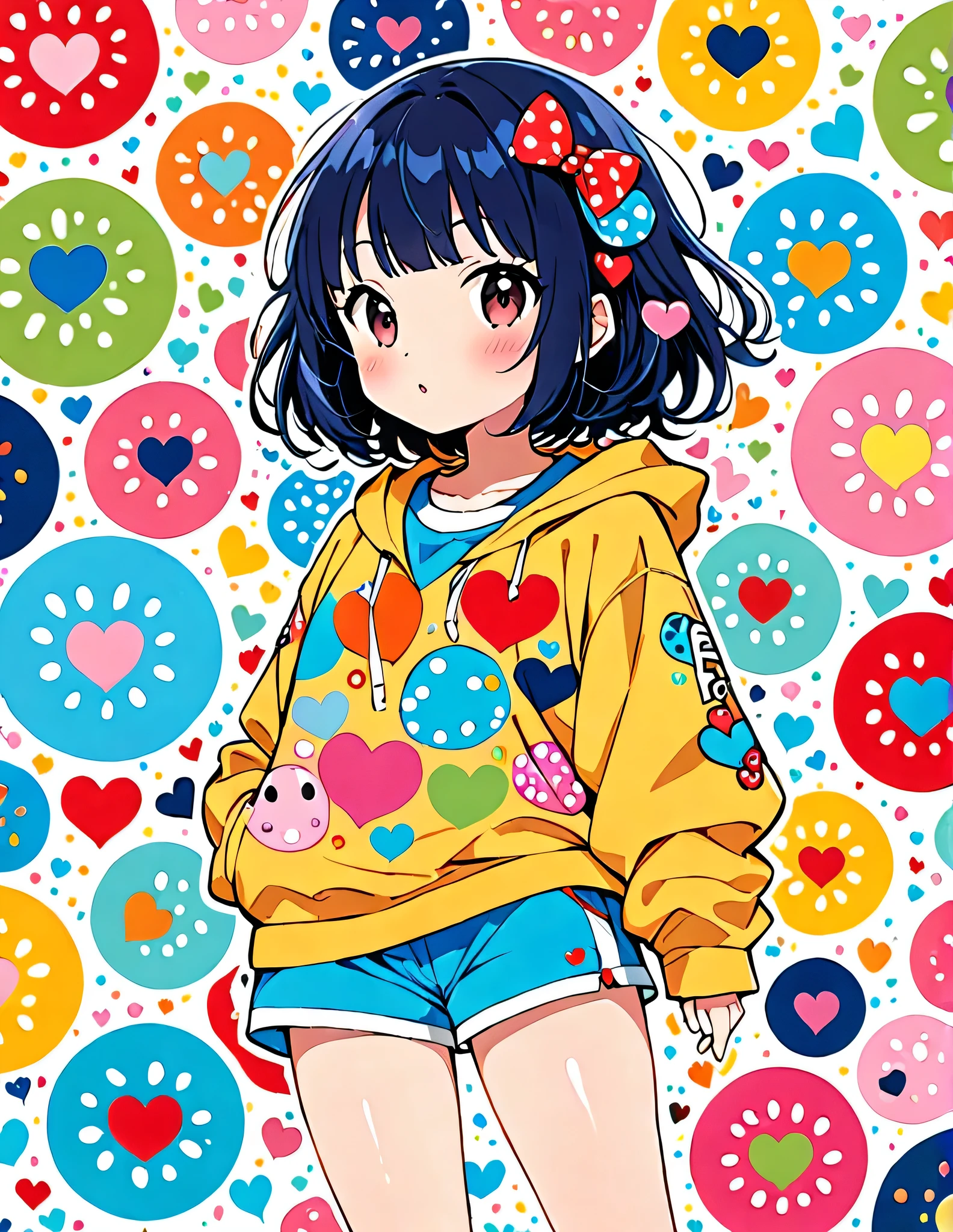 Black Star Red and White style, Simple Line Initialism,Abstract art,Urban Background, colorful hearts ,(((The most beautiful girl of all time))), walking with Cute amoeba