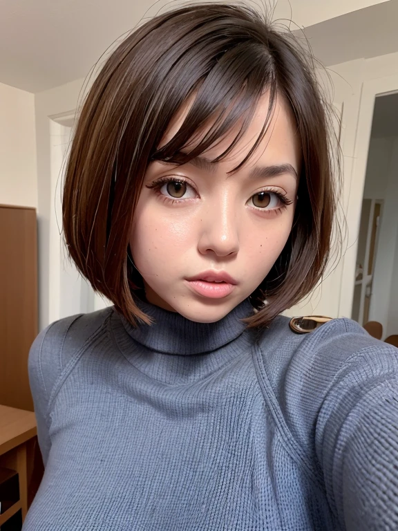 woman, bobcut, turtleneck sweater, raw photo, pov