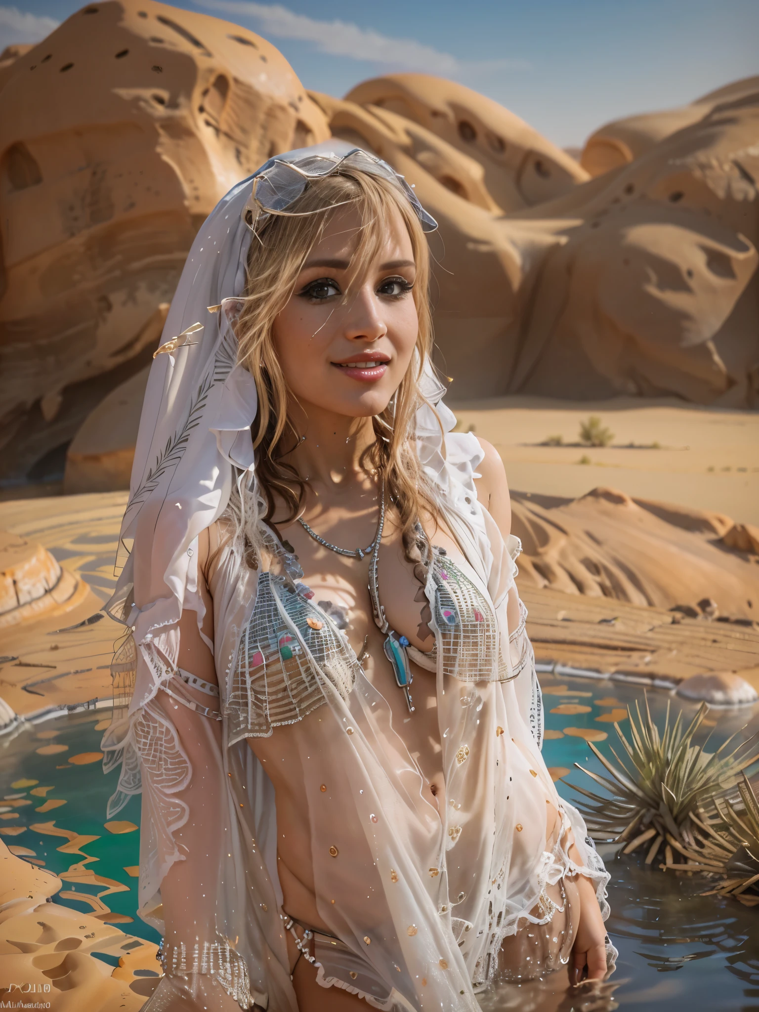 (Best quality, 8k, 32k, Masterpiece, UHD:1.2) water nymph welcomes you to her private oasis, deep in the desert, jewelry, clothed, sfw, north africa, renatadaninsky