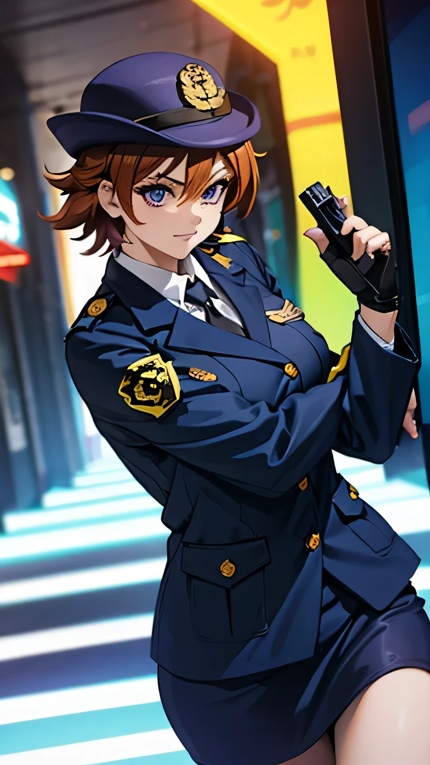 Lively, Short Crimson Hair, Long ponytail, Purple Eyes, Female police officer uniform, Black fingerless gloves, Tonfa, Standing pose, Style your hair with one hand, Looking at the camera, Determined Gaze, Smooth and white skin, Big Breasts, Big Breasts, A city-like environment, Neutral Background, Bright and uniform lighting, Light from the front, Soft Shadows, A vibrant and dynamic atmosphere, Mid Angle, Shallow depth of field High contrast exposure for sharp focus on subject