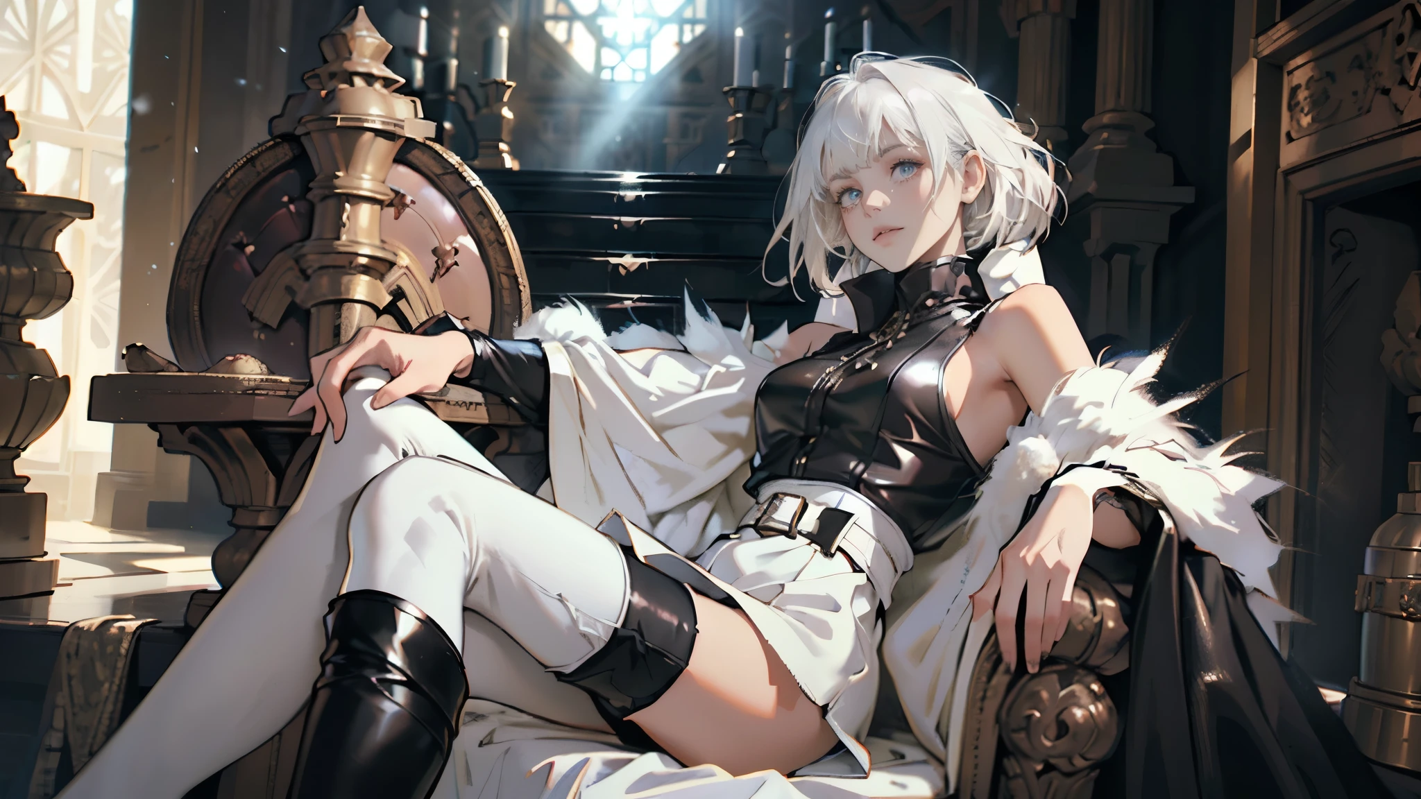 masterpiece, ultra detailed, 8k portrait, RAW photo, portrait photography, highly detailed face, beautiful and meticulous eyes, ((Fantasy)), Young beautiful, , Princess, cute pose, (((short bobbed white hair))), blunt bangs, (((White skin color))), Luxury, hooded (((black fur coat))) fluttering in the wind, (((chunky black low-exposure Blouse))), (((leather short skirt))), (((white thigh high tights))), leather boots, Midday Sun, hyper realistic, Body model, Small breasts, Beautiful breasts, Long legs, fireplace side In the castle of snow kingdom, Ambient lighting, Shadow details , Camera focus on face, strong breeze, Light fog