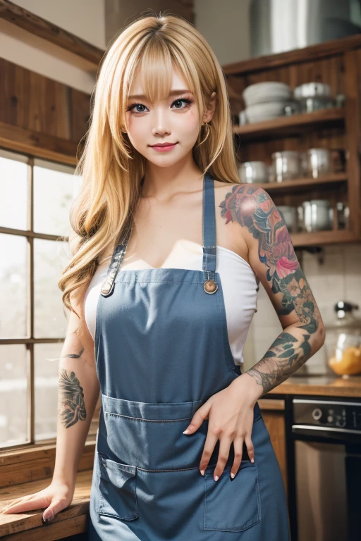 Portrait Photography ,Realistic, High resolution, Soft Light,1 Female, Alone, Hip Up, (Detailed face),A woman with various tattoos and hair styles stands in her kitchen, Her apron is her only dress, Blonde Hair