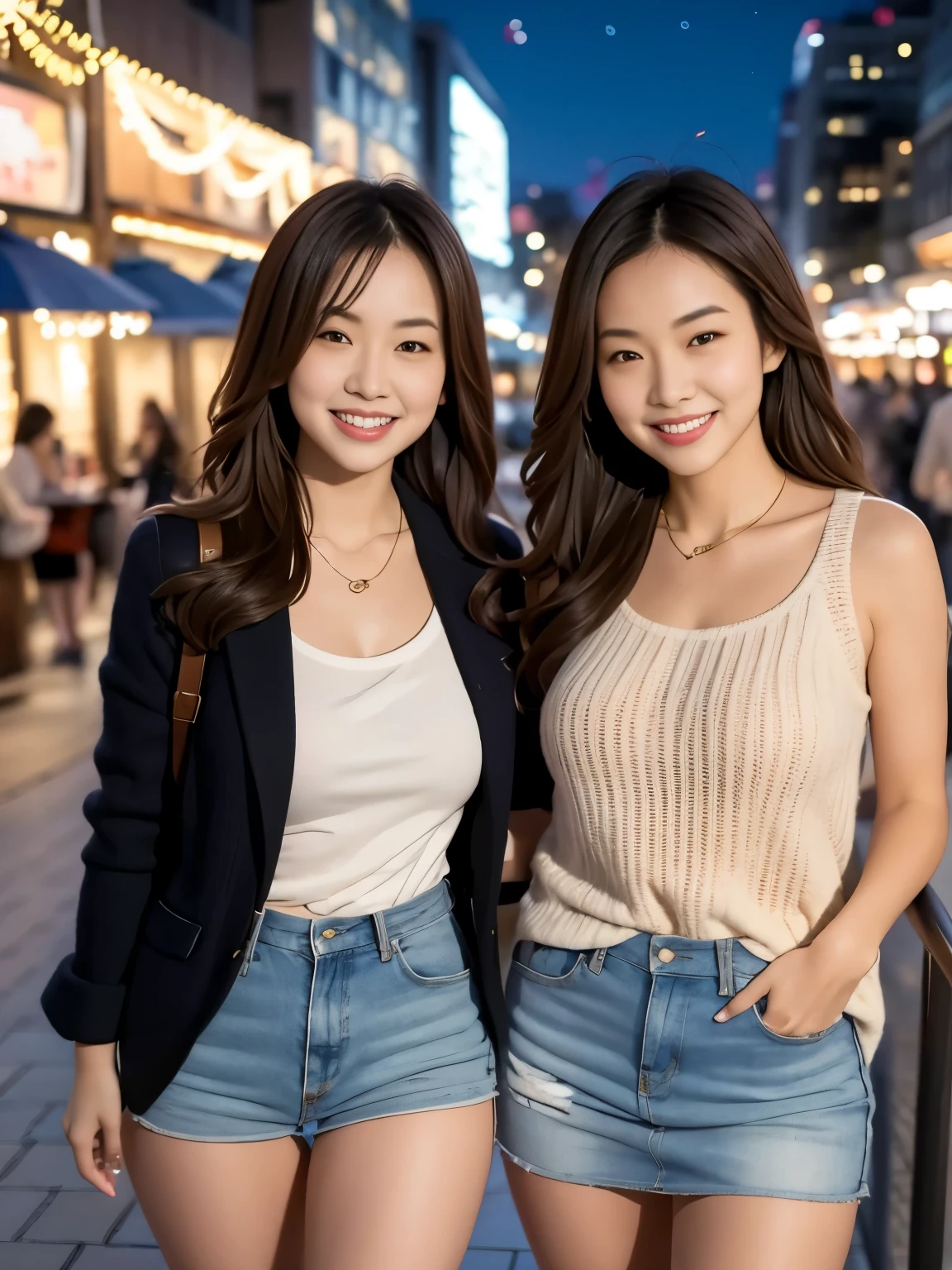 misakiai, tiny breasts, (Masterpiece: 1.3), (8k, Photorealistic, RAW Photo, Best Quality: 1.4), two young women walking side by side down a vibrant evening city street, smiling and laughing together, wearing casual but stylish outfits: one in a light jacket and jeans, the other in a cozy sweater and skirt, soft warm lights glowing from a nearby restaurant in the background, creating a cozy and inviting atmosphere, the soft golden light reflecting off the pavement, capturing a candid moment of friendship and joy, both women looking relaxed and happy after enjoying a delicious dinner, their conversation filled with laughter, deep sense of connection, the vibrant night scene of the city bustling around them, cool night air adding a refreshing vibe, close friendship evident in their smiles and body language, ultra-realistic, photorealistic, high-resolution, cinematic quality, warm and lively atmosphere, perfectly capturing the charm of an evening spent with a close friend
