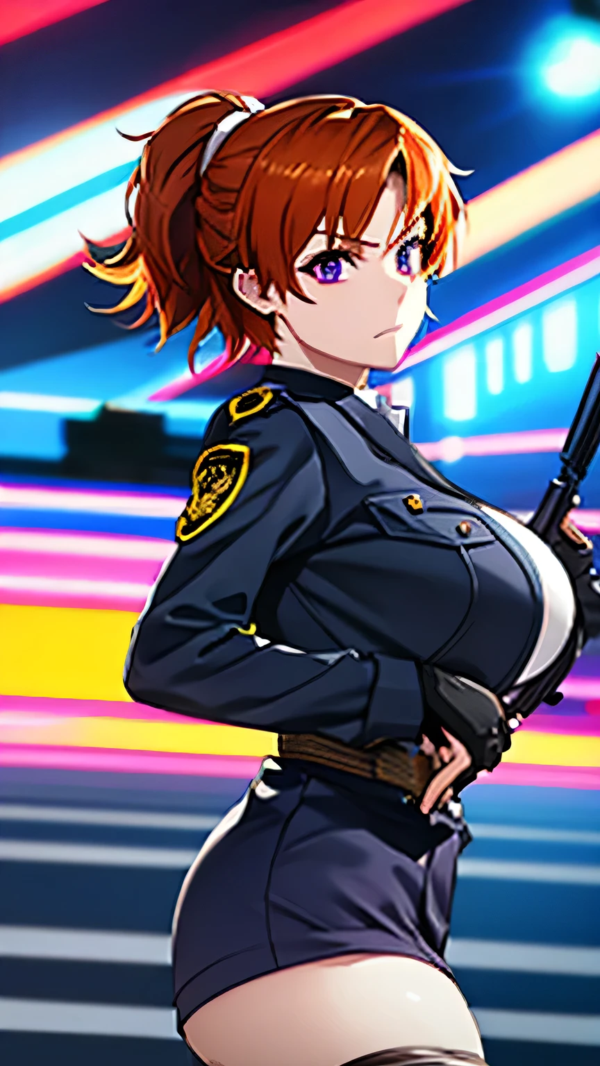 Lively, Short Crimson Hair, Long ponytail, Purple Eyes, Female police officer uniform, Black fingerless gloves, Hold the shotgun, Standing pose, Style your hair with one hand, Looking at the camera, Determined Gaze, Smooth and white skin, Big Breasts, Big Breasts, A city-like environment, Neutral Background, Bright and uniform lighting, Light from the front, Soft Shadows, A vibrant and dynamic atmosphere, Mid Angle, Shallow depth of field High contrast exposure for sharp focus on subject