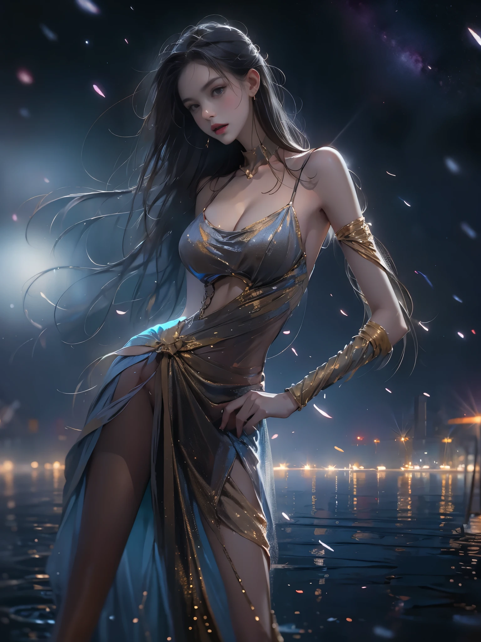  ((Hyperrealistic portrait of a slender)), ((natural breasts, large breasts)), sexy woman , Beautiful dance posture, Sexy long legs, one hand up the skirt, Full breasts, visible cleavage, night, dramatic moonlight illumination, pale skin glistening with droplets, long wet hair flowing, delicate facial features, high cheekbones, full lips, intense eyes, fine eyelashes, thin eyebrows, elegant neck, bare shoulders, collarbone visible, toned arms, slender waist, curvy hips, long shapely legs correctly proportioned, smooth skin texture, starry night sky reflected, mist hovering over water surface, 8k resolution, photorealistic detail, cinematic lighting, volumetric fog, ray tracing, subsurface scattering, high dynamic range