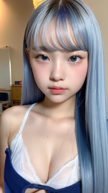 Best Quality,Ultra-high resolution,((Female junior high school student))((younger sister))((10th Generation)),1 person,whole body,Silver Hair, Blue hair Straight long hair Cool look,Looking into the camera,Beautiful skin White bra only,Small breasts,bed,ＭSplitting characters