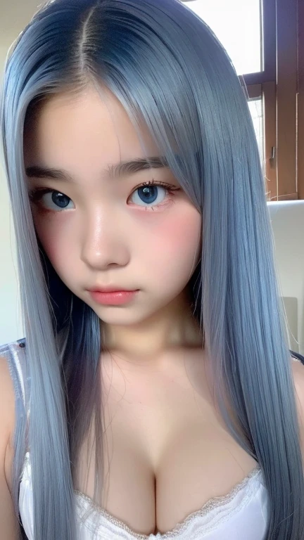 Best Quality,Ultra-high resolution,((Female ))((younger sister))((10th Generation)),1 person,whole body,Silver Hair, Blue hair Straight long hair Cool look,Looking into the camera,Beautiful skin White bra only,Small breasts,bed,ＭSplitting characters