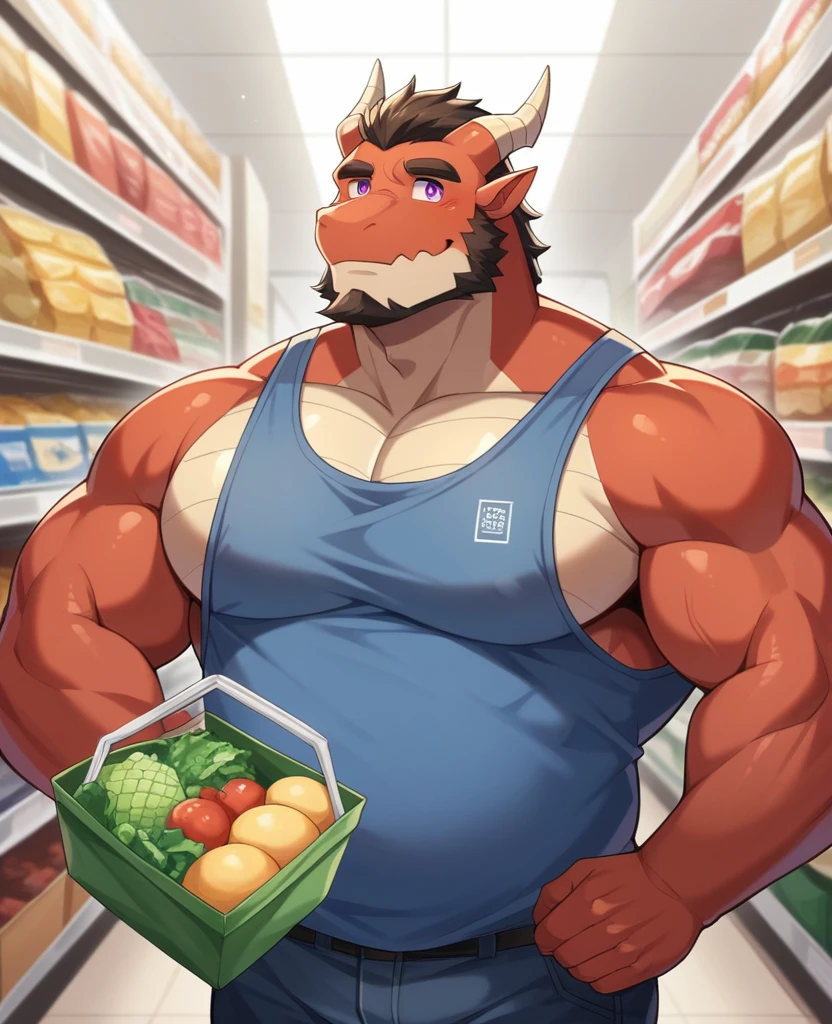 (CG 8K)Cow Orc,Brown fur,Very strong,dirty,obesity,Slightly raised buttocks,Shy smile,Facing the camera,Close-up of face,Prominent nipples,White shirt,The nipple produces milk,Stand in the store,solitary,author:Takemoto Arashi ,From zixiong