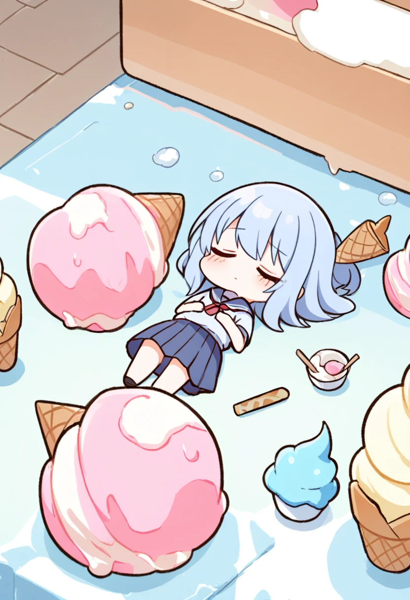 chibi, 1girl,face down, spread out, whole body, rear view, in the Ice cream shop, fallen ice cream, fallen cup cone, school uniform, lying on the ground, sleeping, back of the head, relaxing, does it look dead? ,BREAK, The clerk looks at her with concern.