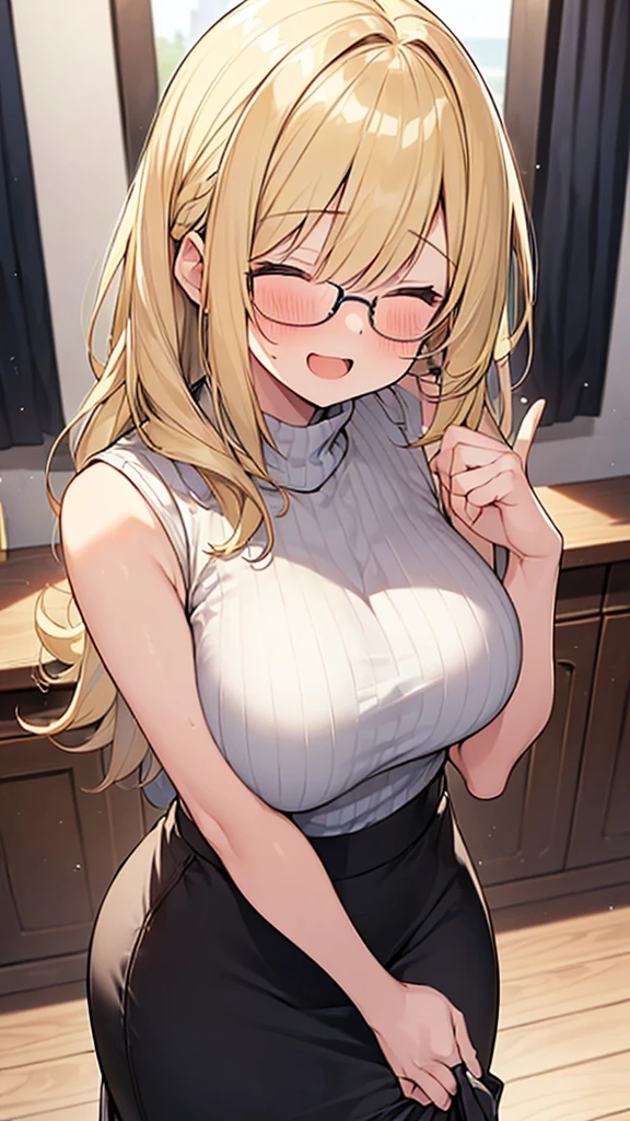 detailed illustration ,dynamic angle, ultra-detailed, detailed eyes, detailed face, 1girl, shy, long blonde hair, wavy hair, glasses, blushing, horny, holding skirt down, black plaid skirt, green blouse, pink vest, cleavage, braless, blushing, flushed, red cheeks, closed eyes, embarrassed, standing, cafe, hard nipples, , shy, bulge under skirt