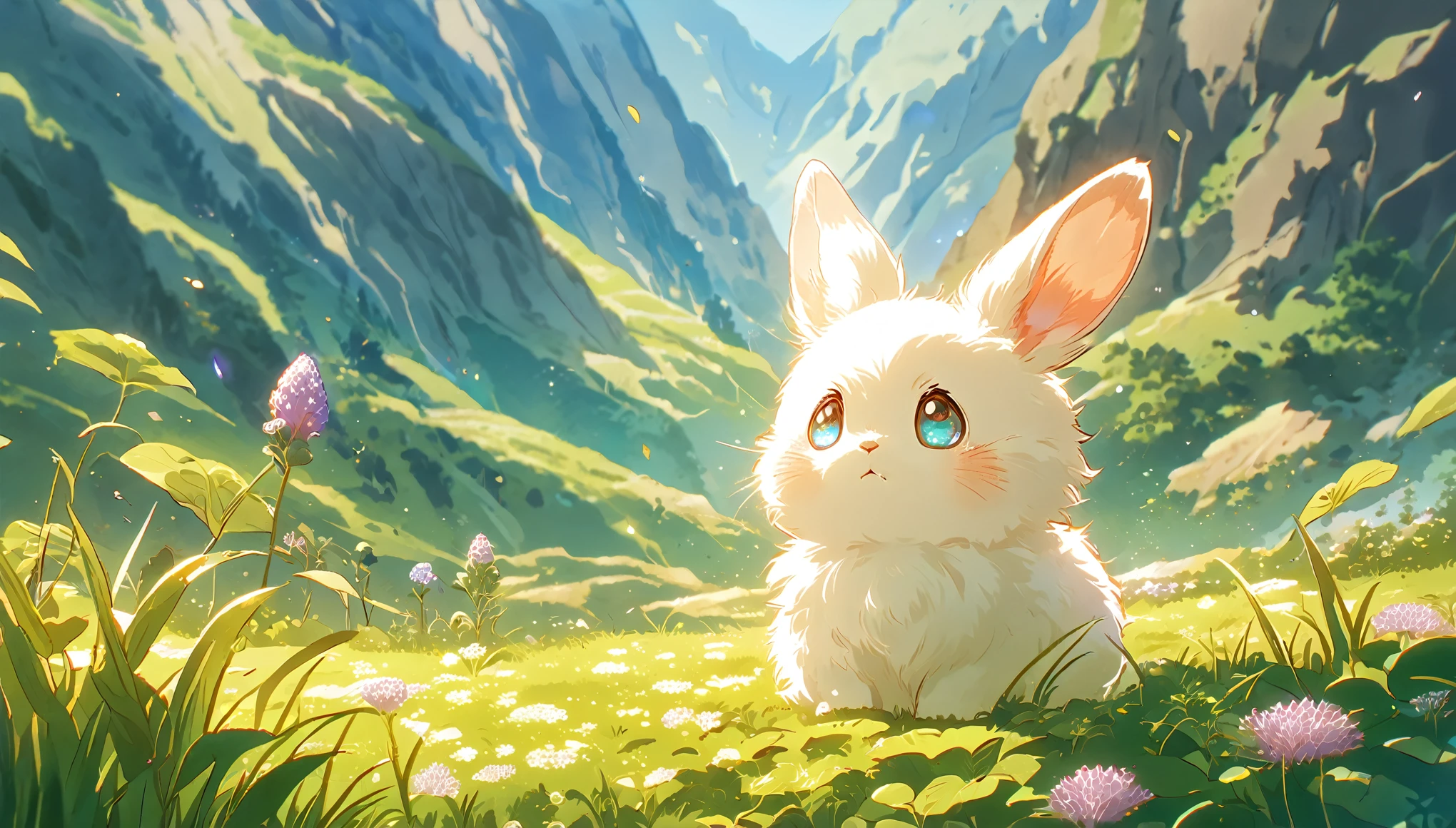 Create a close-up, animated illustration of a fluffy bunny sitting in a field of clover. Emphasize the soft fur, big eyes, and twitching nose of the bunny. The background should be a gentle blur of greenery, highlighting the cuteness and innocence of the baby bunny, by makoto shinkai, anime beautiful peace scene, beautiful anime scene, anime background art, anime landscape wallpaper, anime countryside landscape, anime art wallpaper 4 k, anime art wallpaper 4k, beautiful anime scenery, anime art wallpaper 8 k, amazing wallpaper , Ultrawide cozy