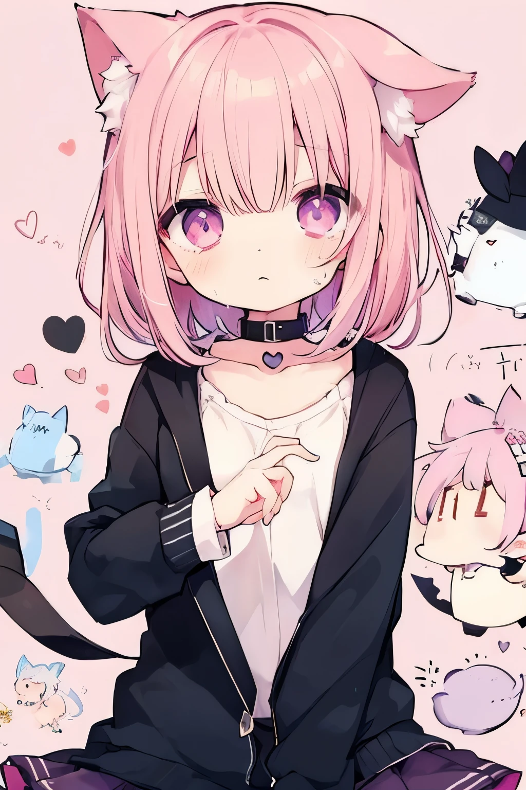 NSFW,Short, light pink hair、cardigan、Pink Skirt、Putting on a collar、Elementary school girl、Very beautiful and Shining Eyes、Shining Eyes、1 person、Cat ear、(((((Small body)))))、heart❤、((Sweat、vapor)）